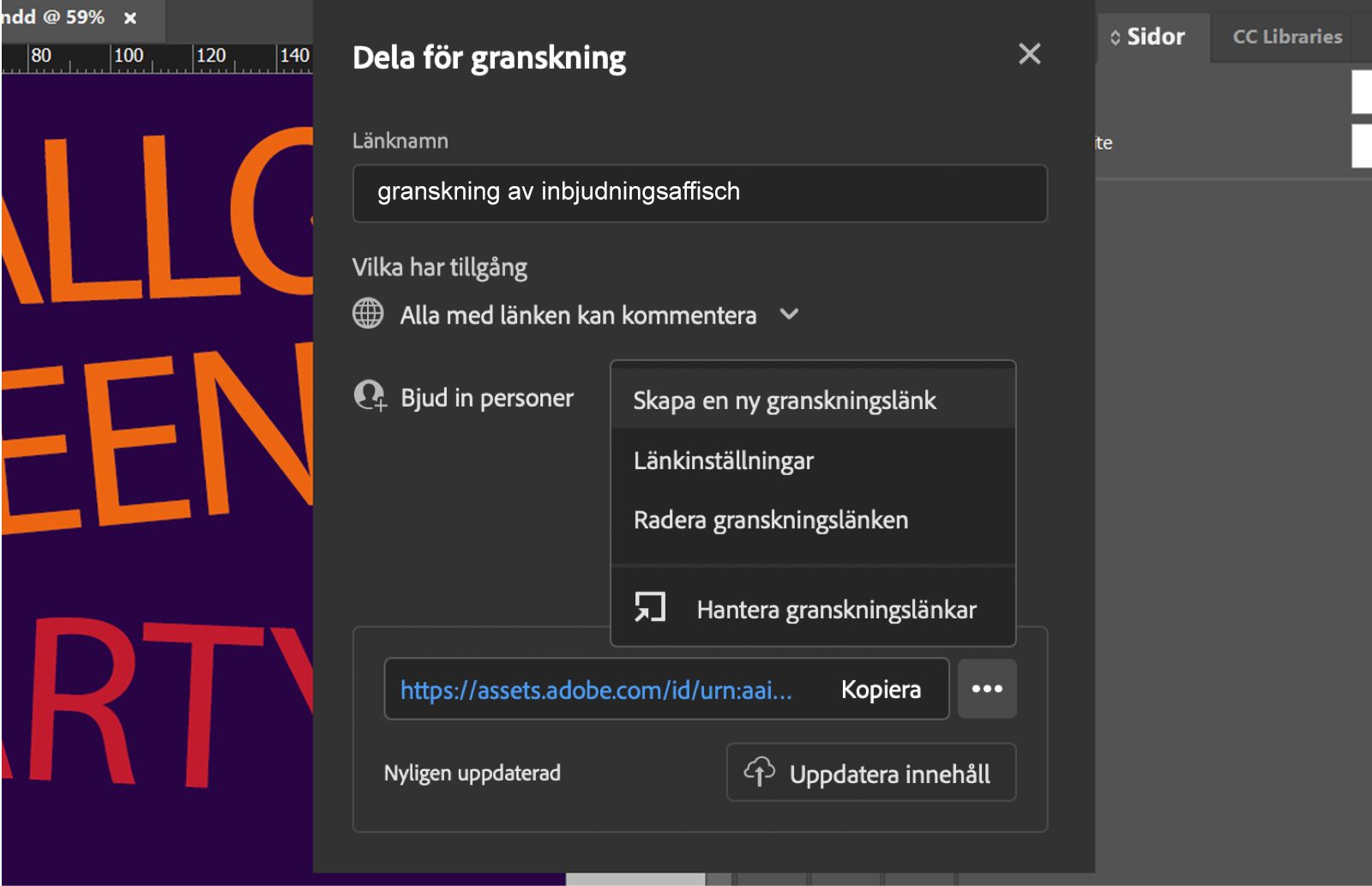Dialogrutan Dela för granskning som visar länknamn, behörighetsnivå, länkhanteringsmenyn och knappen Uppdatera innehåll.