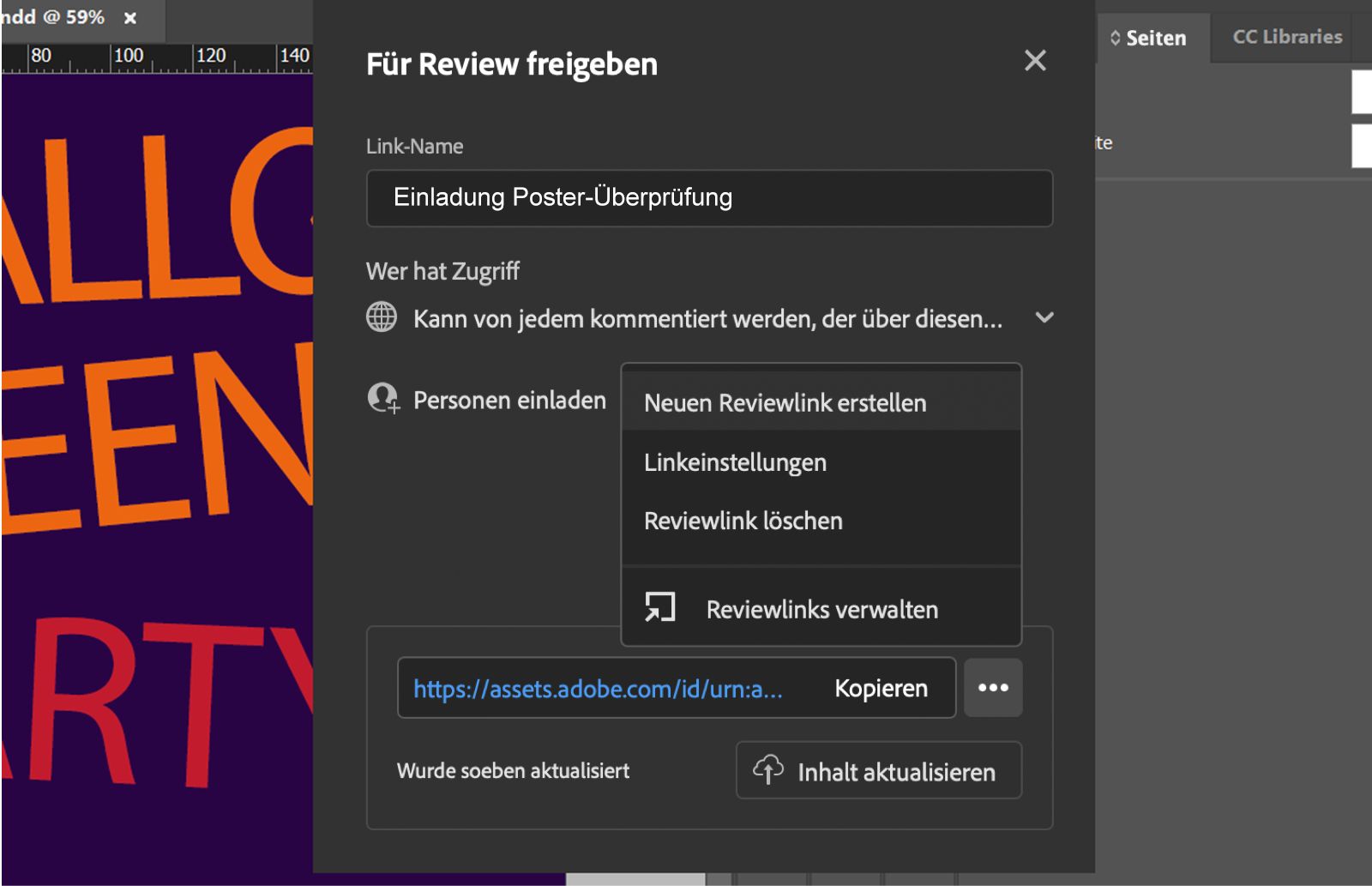 Dialogfeld „Für Review freigeben“ mit dem Link-Namen, der Berechtigungsstufe, dem Link-Verwaltungsmenü und dem Button Inhalt aktualisieren.