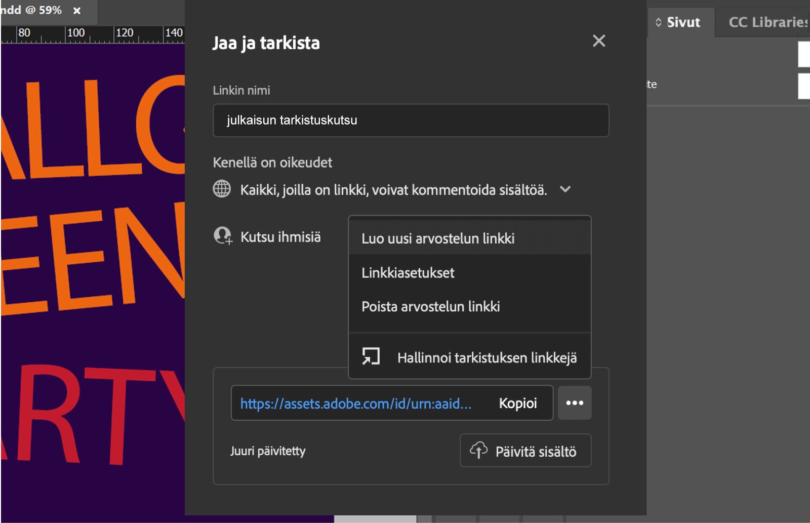 Jaa ja tarkista -valintaikkuna, jossa näkyy linkin nimi, käyttöoikeustaso, linkin hallintavalikko ja Päivitä sisältö -painike.