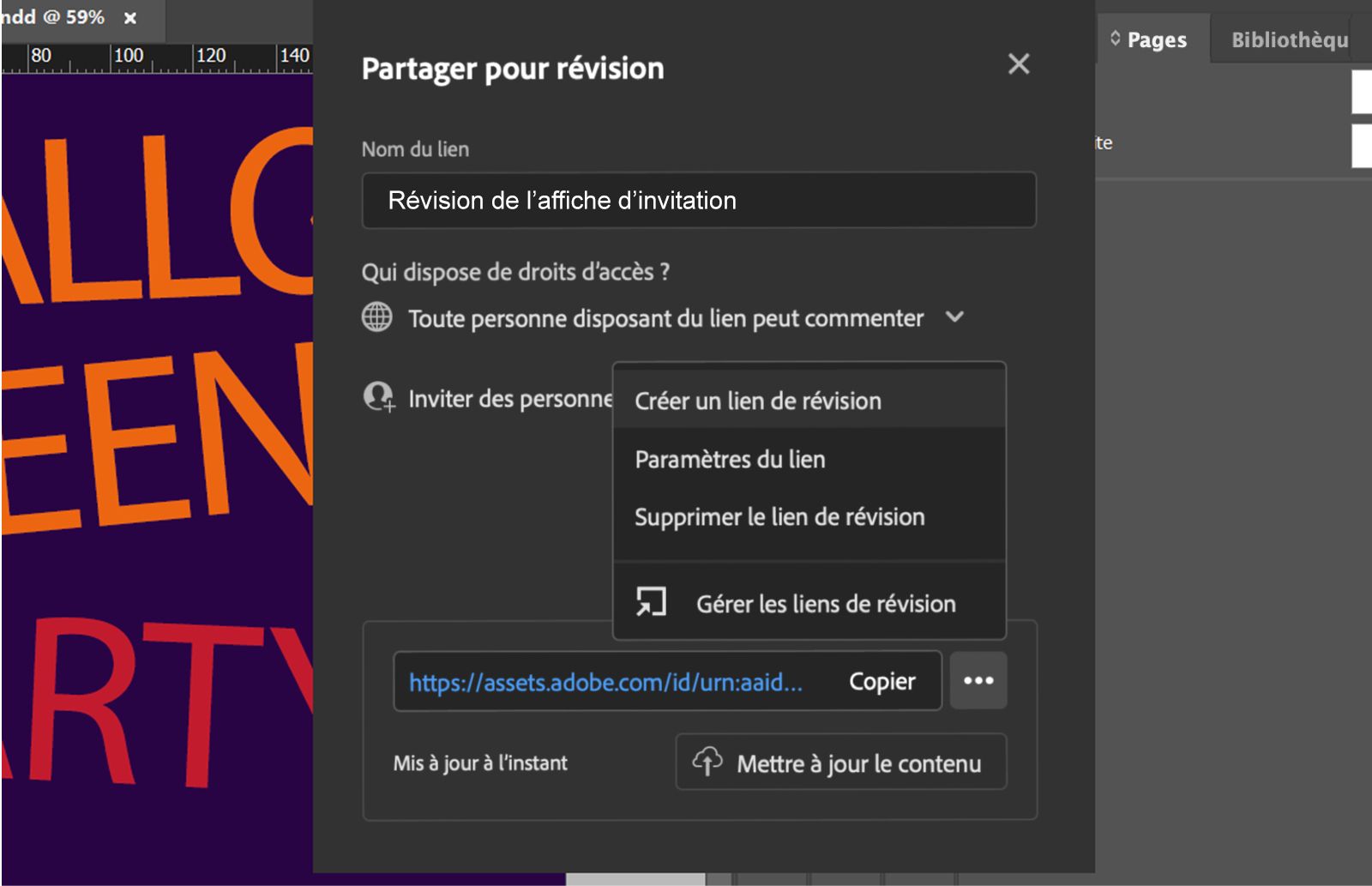 Boîte de dialogue Partager pour révision affichant le nom du lien, le niveau d’autorisation, le menu de gestion des liens et le bouton Mettre à jour le contenu.