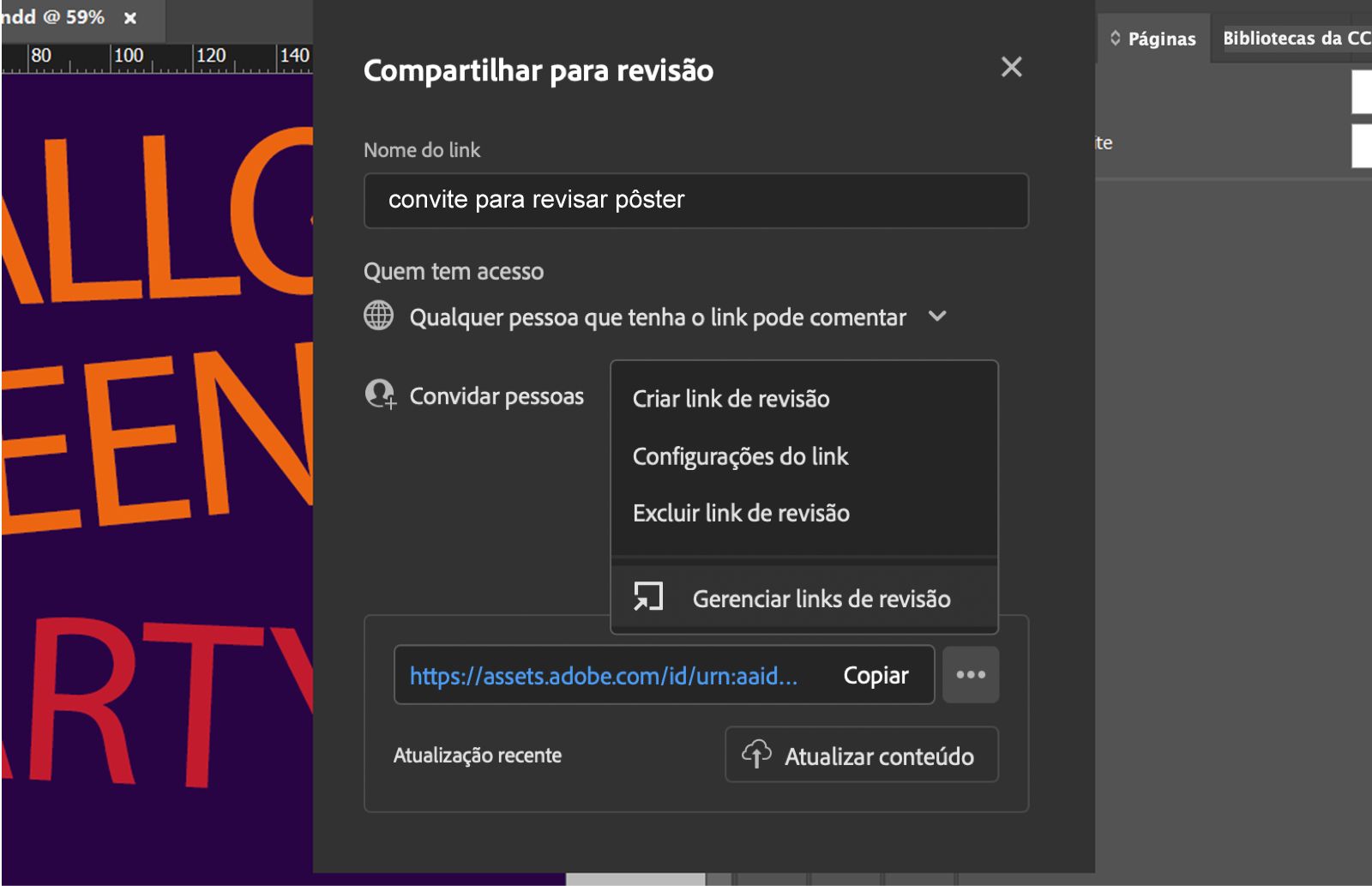 Caixa de diálogo Compartilhar para revisão exibindo o nome do link, nível de permissão, o menu de gerenciamento de link e o botão Atualizar conteúdo.