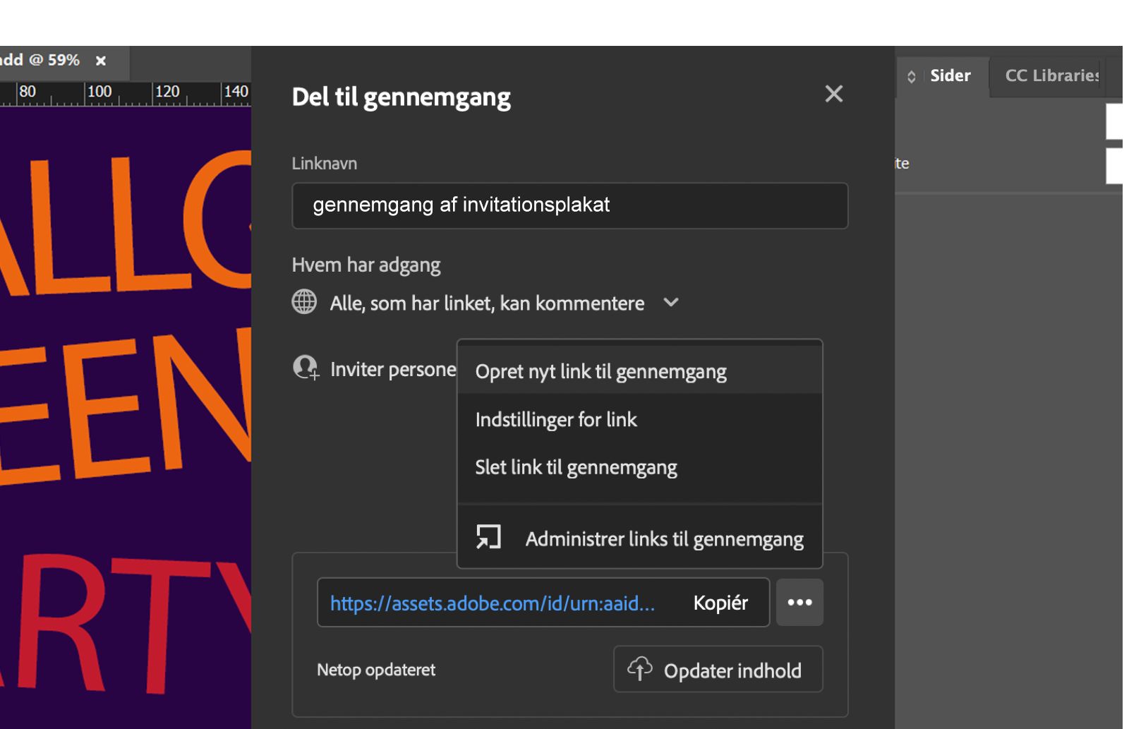 Dialogboksen Del til gennemgang viser linknavn, tilladelsesniveau, linksadministrationsmenuen og knappen Opdater indhold.