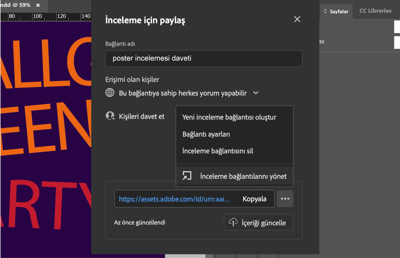 Bağlantı adını, izin düzeyini, bağlantı yönetimi menüsünü ve İçeriği güncelle düğmesini gösteren İnceleme için paylaş iletişim kutusu.