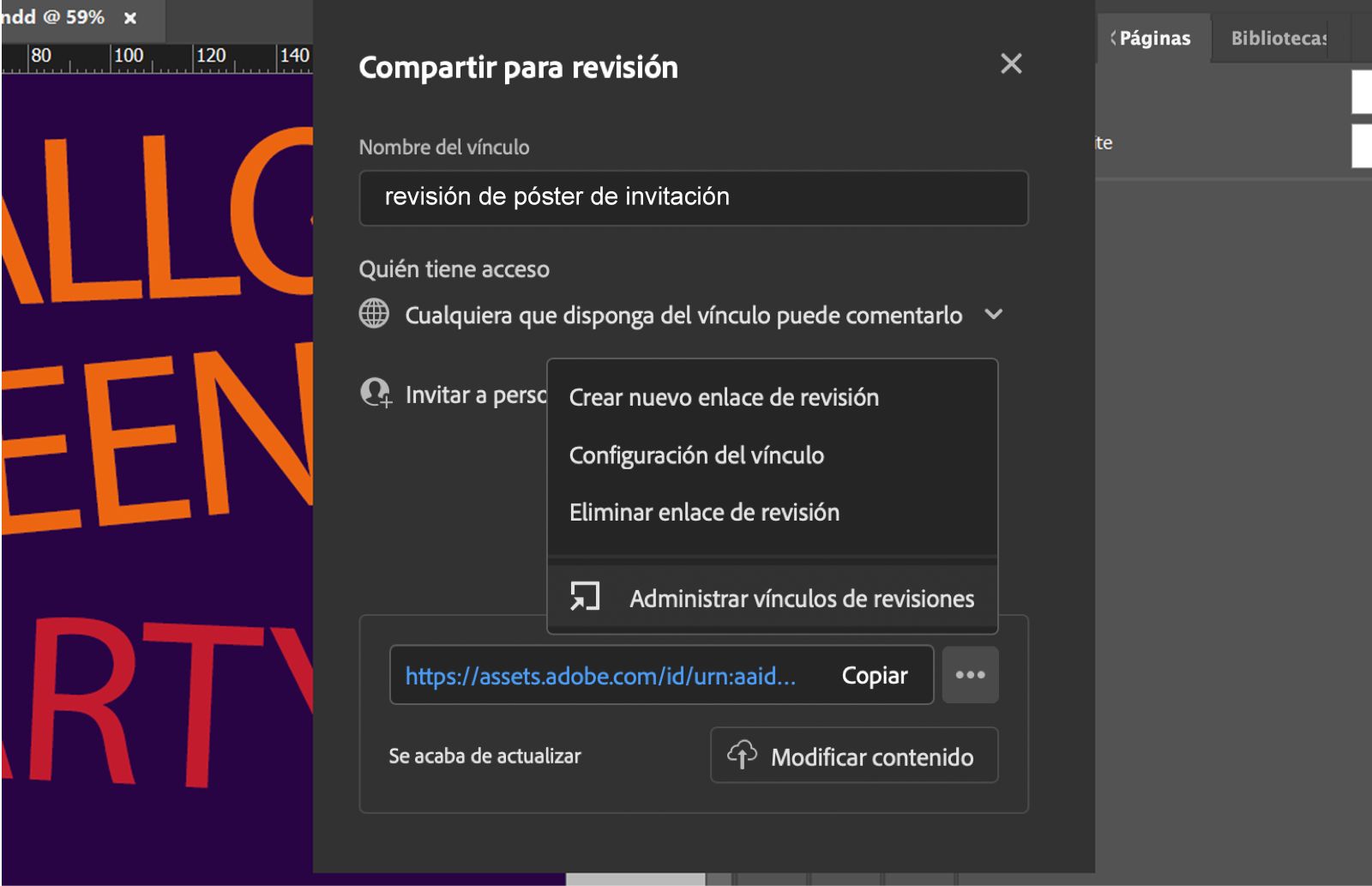 Cuadro de diálogo Compartir para revisión que muestra el nombre del enlace, el nivel de permiso, el menú de administración de enlaces y el botón Actualizar contenido.