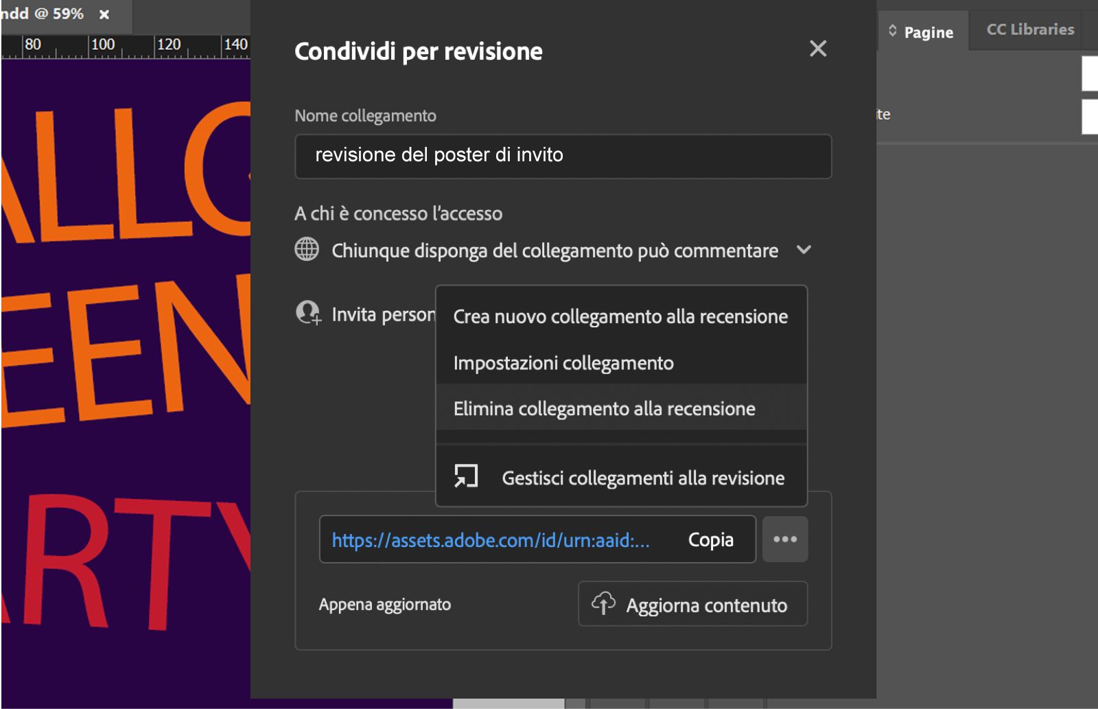 Finestra di dialogo Condividi per revisione che mostra il nome del collegamento, il livello di autorizzazione, il menu di gestione del collegamento e il pulsante Aggiorna contenuto.