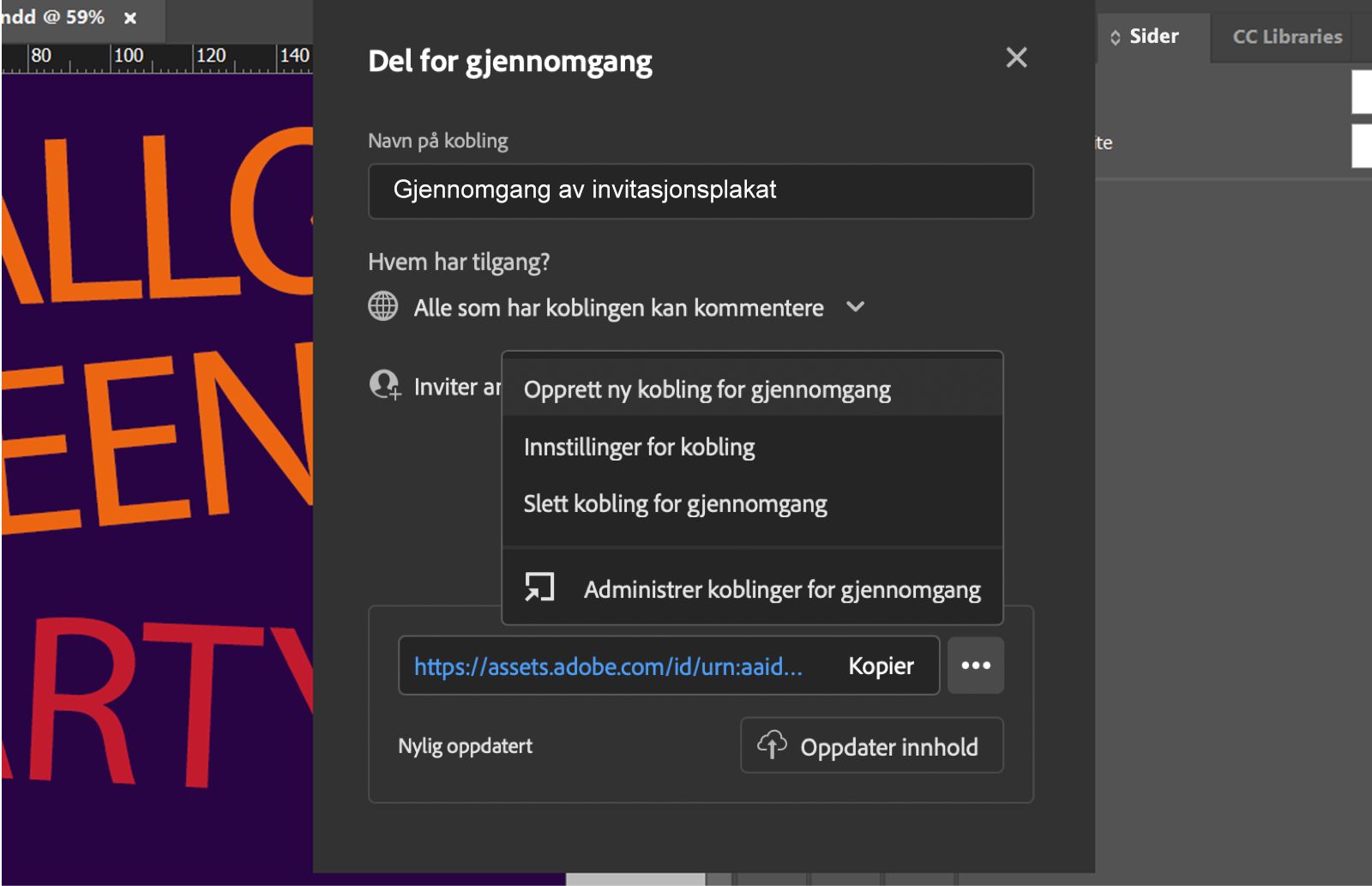 Del for gjennomgang-dialogboksen som viser lenkenavn, tilgangsnivå, lenkeadministrasjonsmenyen og Oppdater innhold-knappen.