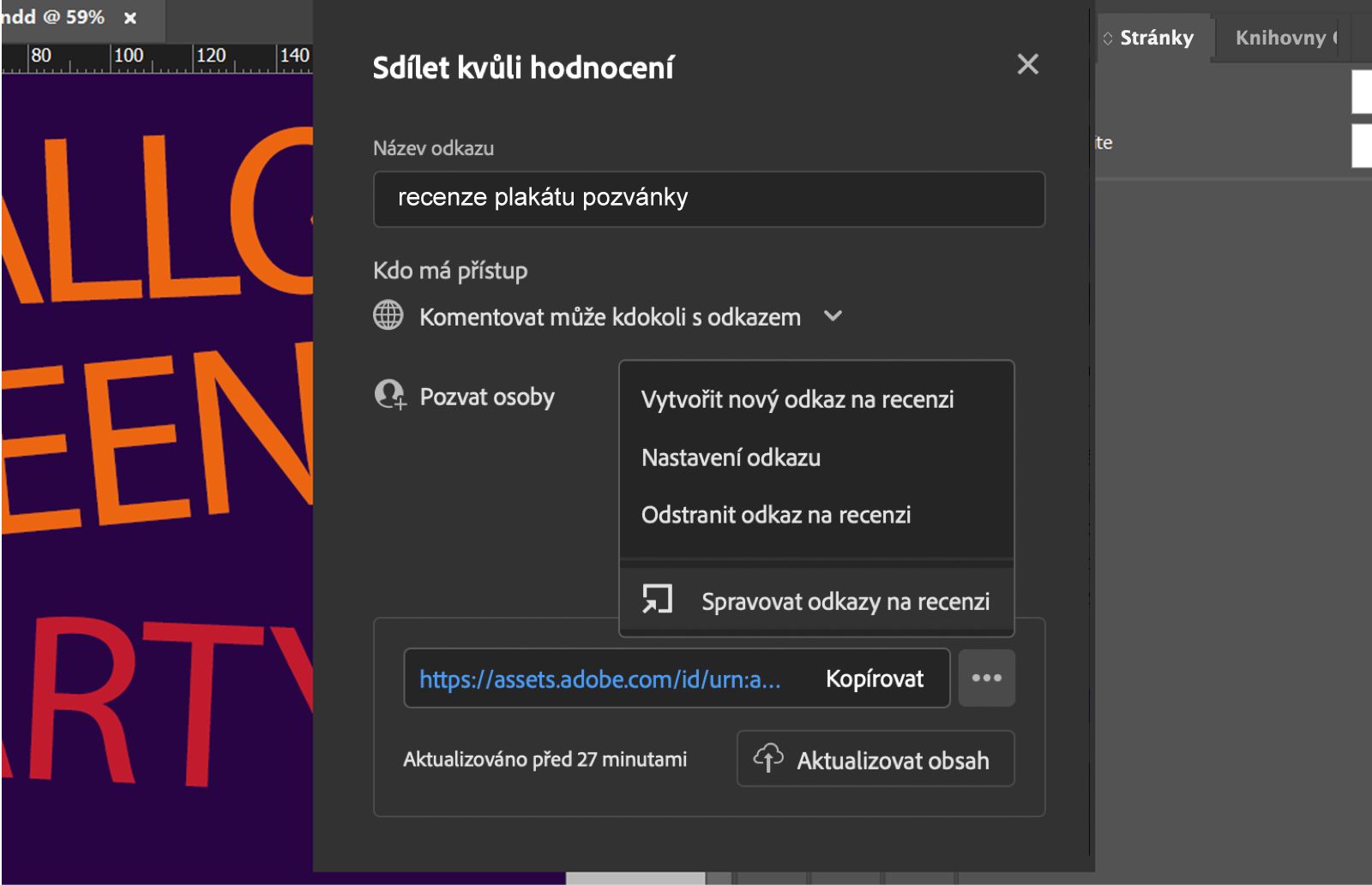 Dialogové okno Sdílet ke kontrole zobrazující název odkazu, úroveň oprávnění, nabídku správy odkazů a tlačítko Aktualizovat obsah.