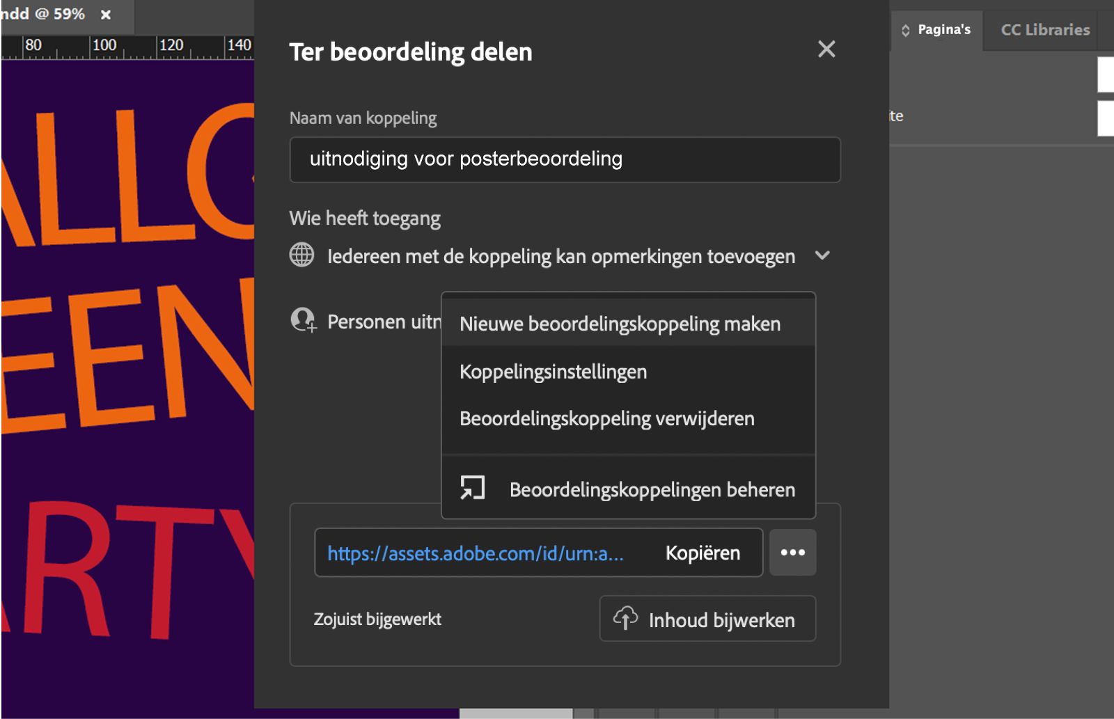 Het dialoogvenster Ter beoordeling delen waarin de linknaam, het toestemmingsniveau, het linkbeheermenu en de knop Content bijwerken worden weergegeven.