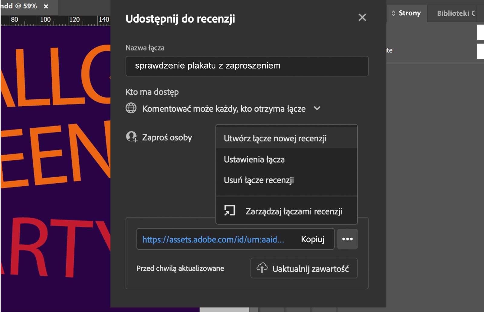 Okno dialogowe Udostępnij do recenzji wyświetlające nazwę linku, poziom uprawnień, menu zarządzania linkami oraz przycisk Aktualizuj zawartość.