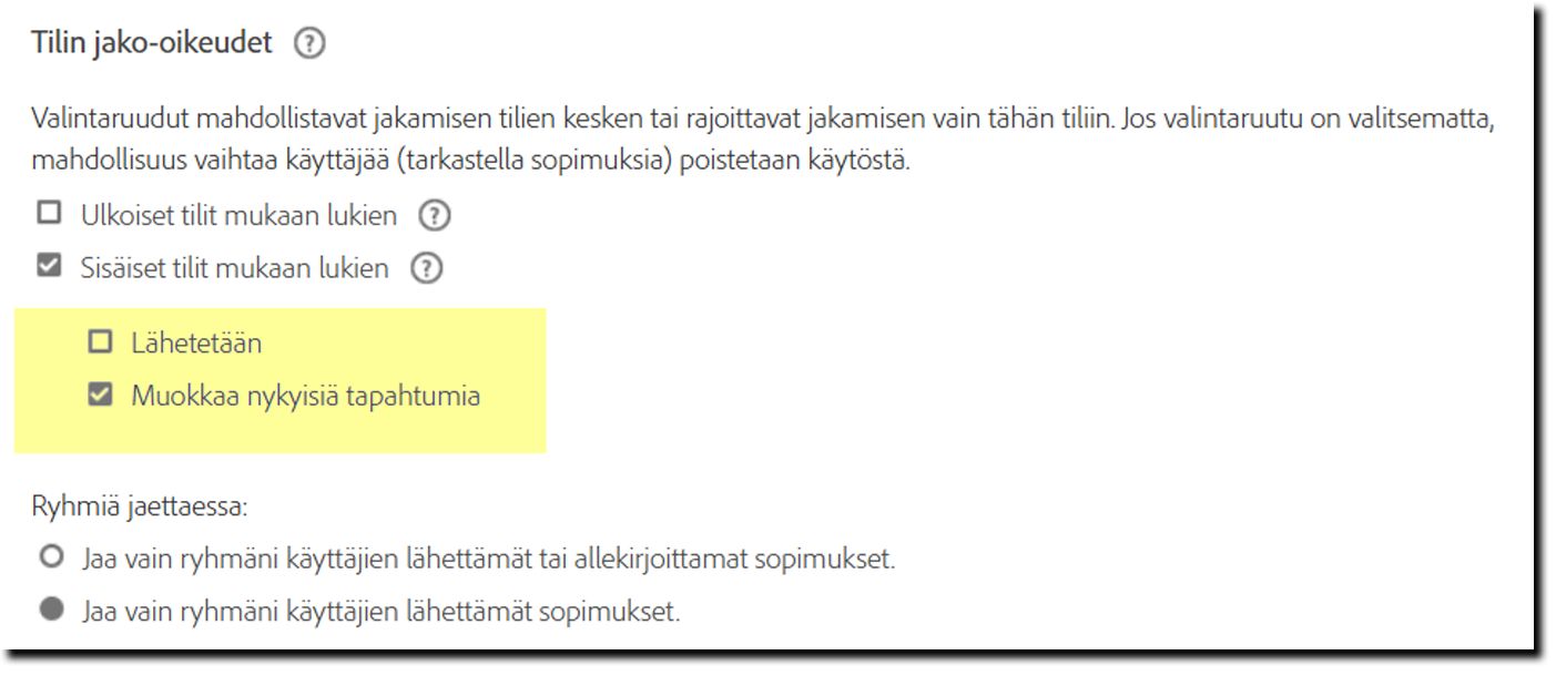 Suojausasetukset-sivu, jossa korostuu käyttöoikeuksien laajentamisen vaihtoehdot