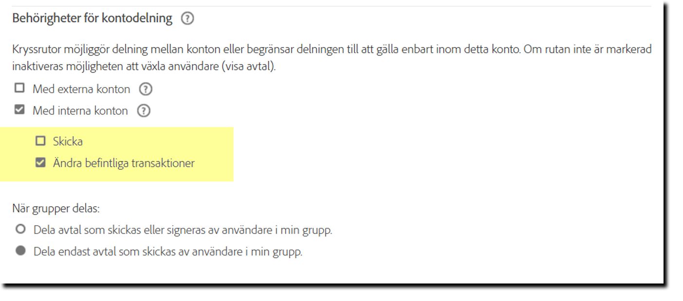 Sidan för säkerhetsinställningar visar alternativ för att utöka användarbehörigheter