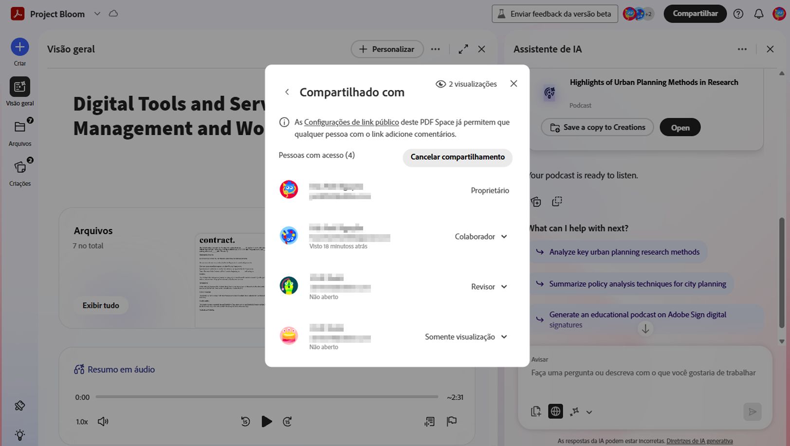 Caixa de diálogo "Compartilhado com" no PDF Spaces mostrando pessoas com acesso, suas funções e atividade de visualização ou comentário para um espaço compartilhado.