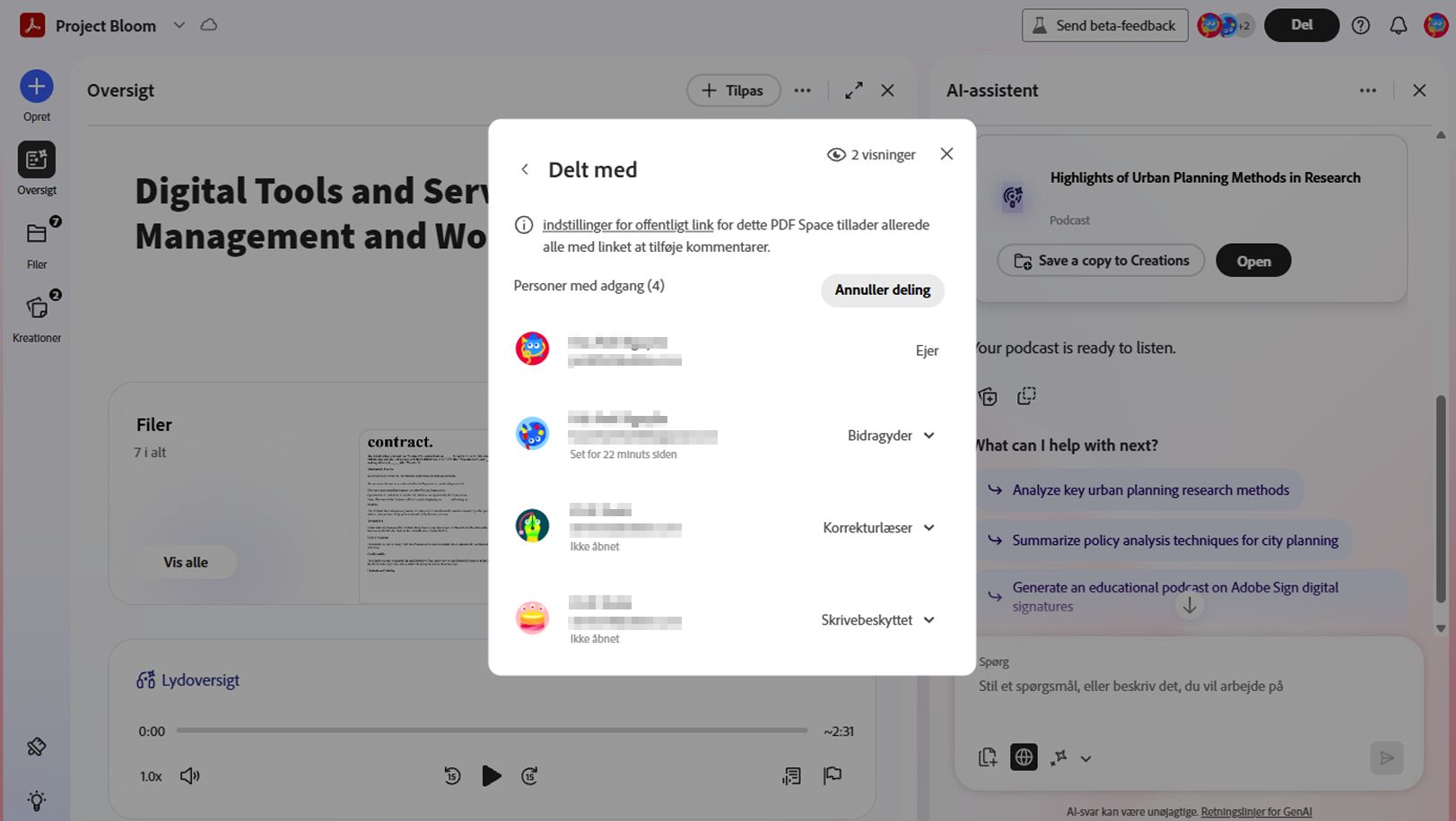 Dialogboksen Delt med i PDF Spaces viser personer med adgang, deres roller og visnings- eller kommentaraktivitet for et delt space.