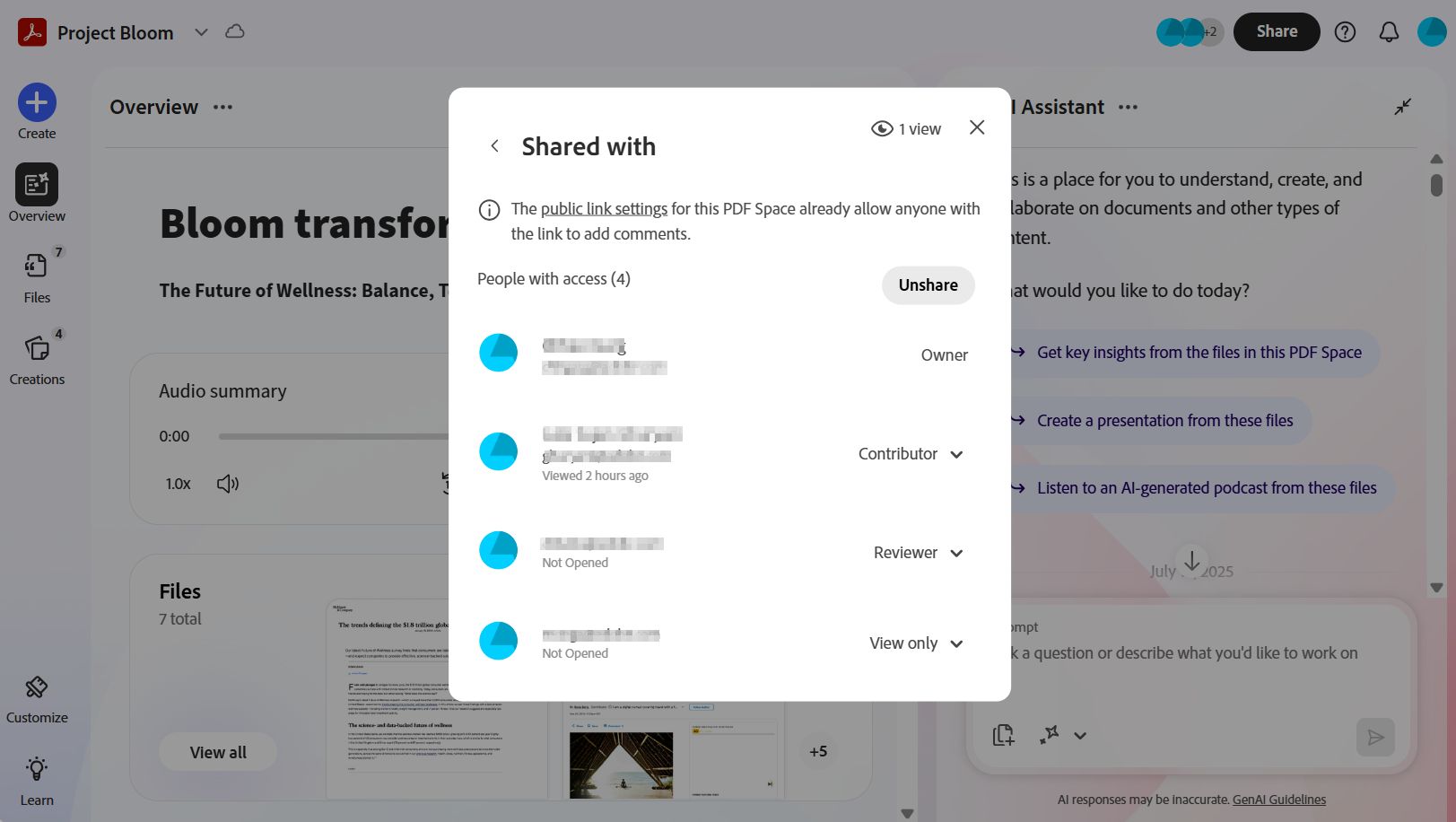 Dialog box na Shared with sa PDF Spaces na nagpapakita ng mga taong may access, ang kanilang mga role, at view o comment activity para sa shared space.