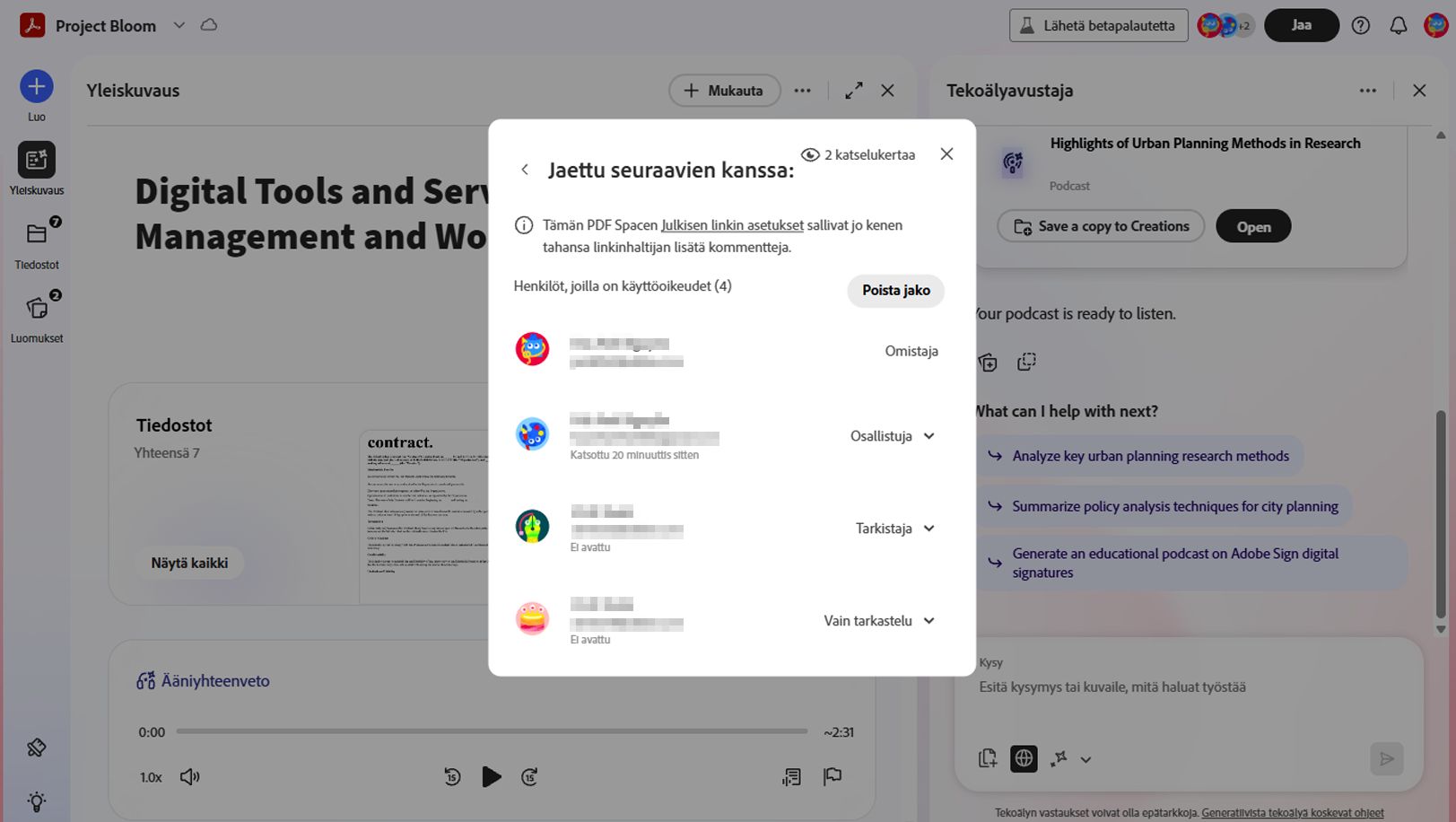PDF Spaces -tilojen Jaettu-valintaikkuna näyttää henkilöt, joilla on käyttöoikeus, heidän roolinsa sekä jaetun tilan tarkastelu- tai kommentointitoiminnan.