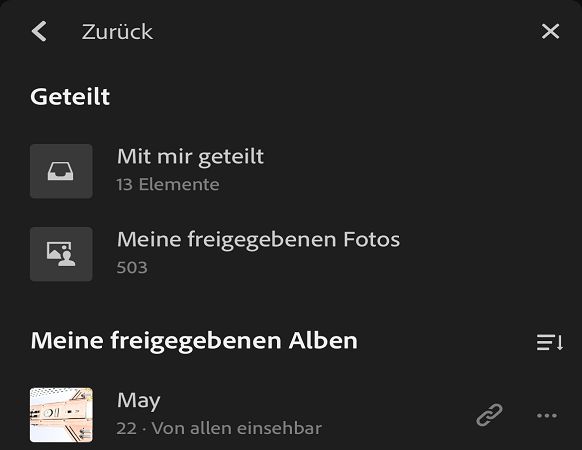 Ansicht „Freigegebene Alben“