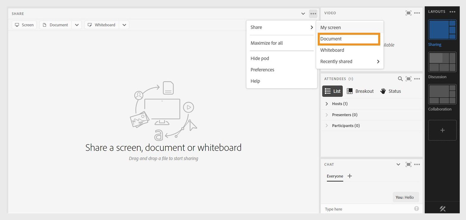 Sharing a document via Share pod menu options