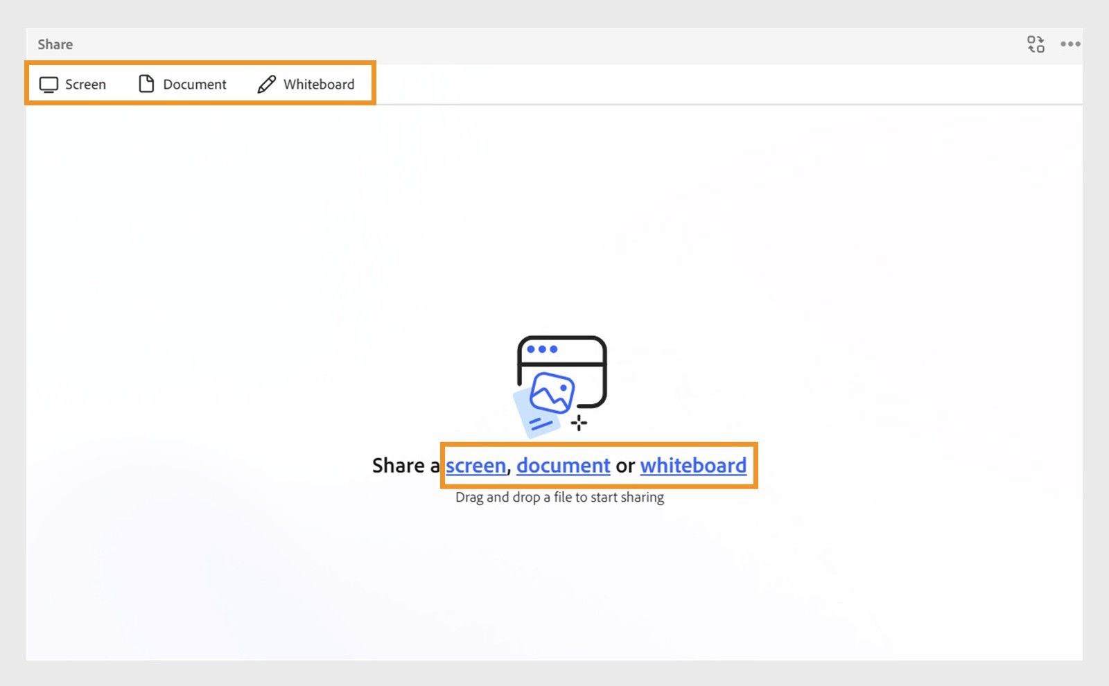 Share pod showing the links to share the screen, document and whiteboard