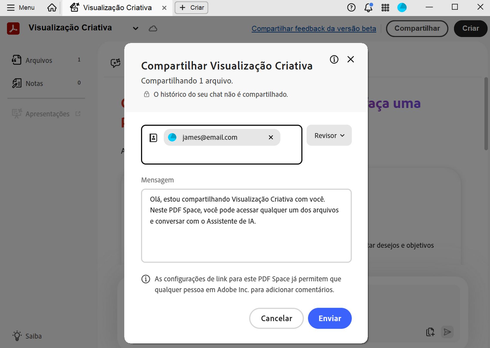 Caixa de diálogo de compartilhamento para convidar destinatários a acessarem um PDF Space, com opções de configurações de acesso e o botão “Enviar”.