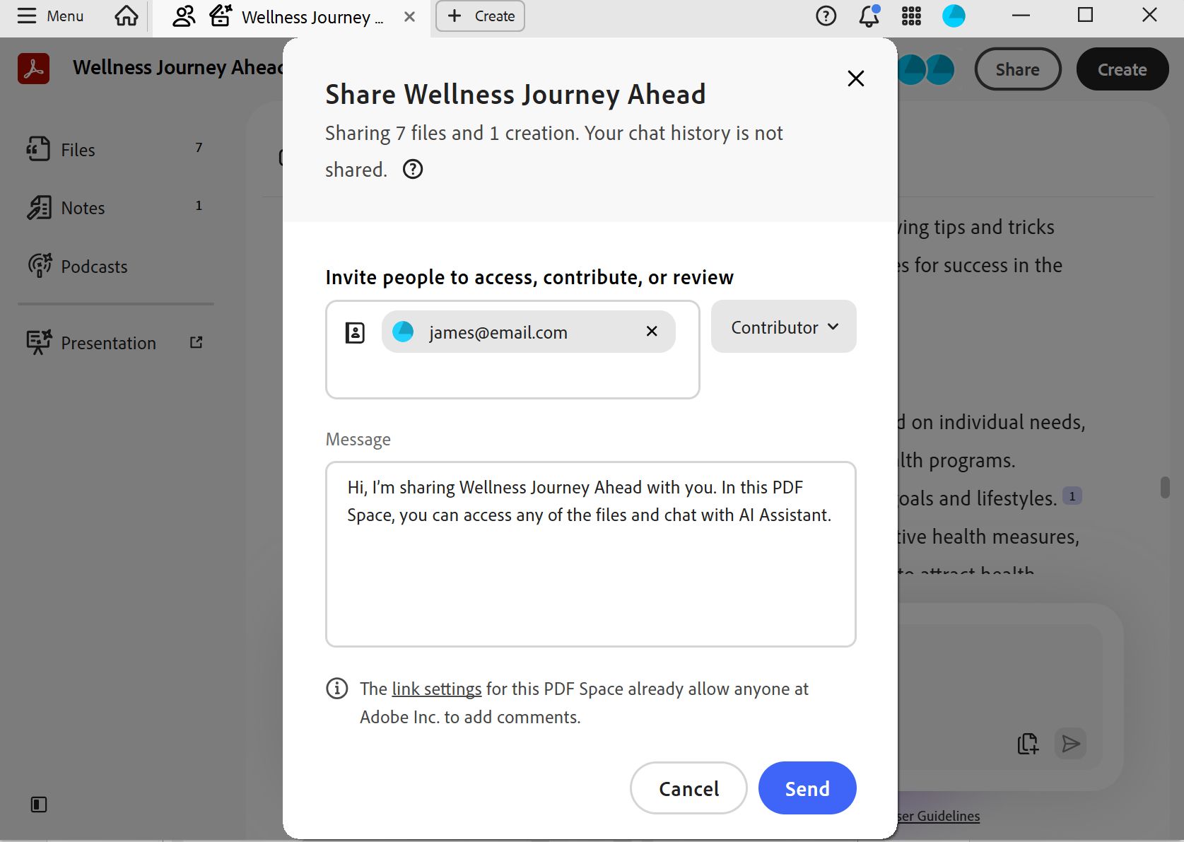 Pag-share ng dialog box para sa mga iniimbitahang tatanggap para ma-access ang PDF Space, na may mga opsyon sa settings ng pag-access at Send button.