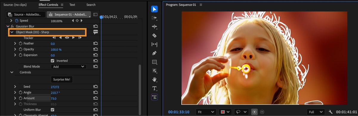 Object Mask set to Sharp mode creating a crisp, hard-edged mask around a subject in the Program Monitor.