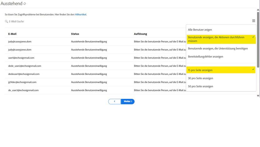 Die Benutzerliste „Ausstehend“ mit angezeigtem und hervorgehobenen Filtermenü