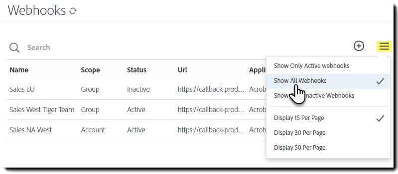 Seleziona Mostra tutti i Webhook