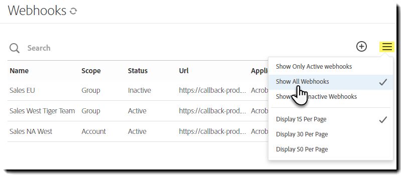 Wybierz opcję Pokaż wszystkie elementy webhook