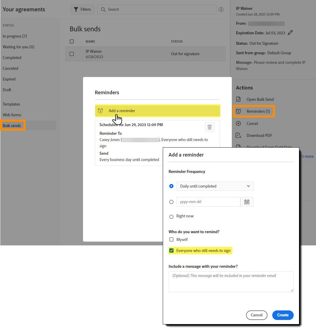 Pagina Gestisci con l’azione Promemoria evidenziata e il pannello di configurazione Promemoria aperto