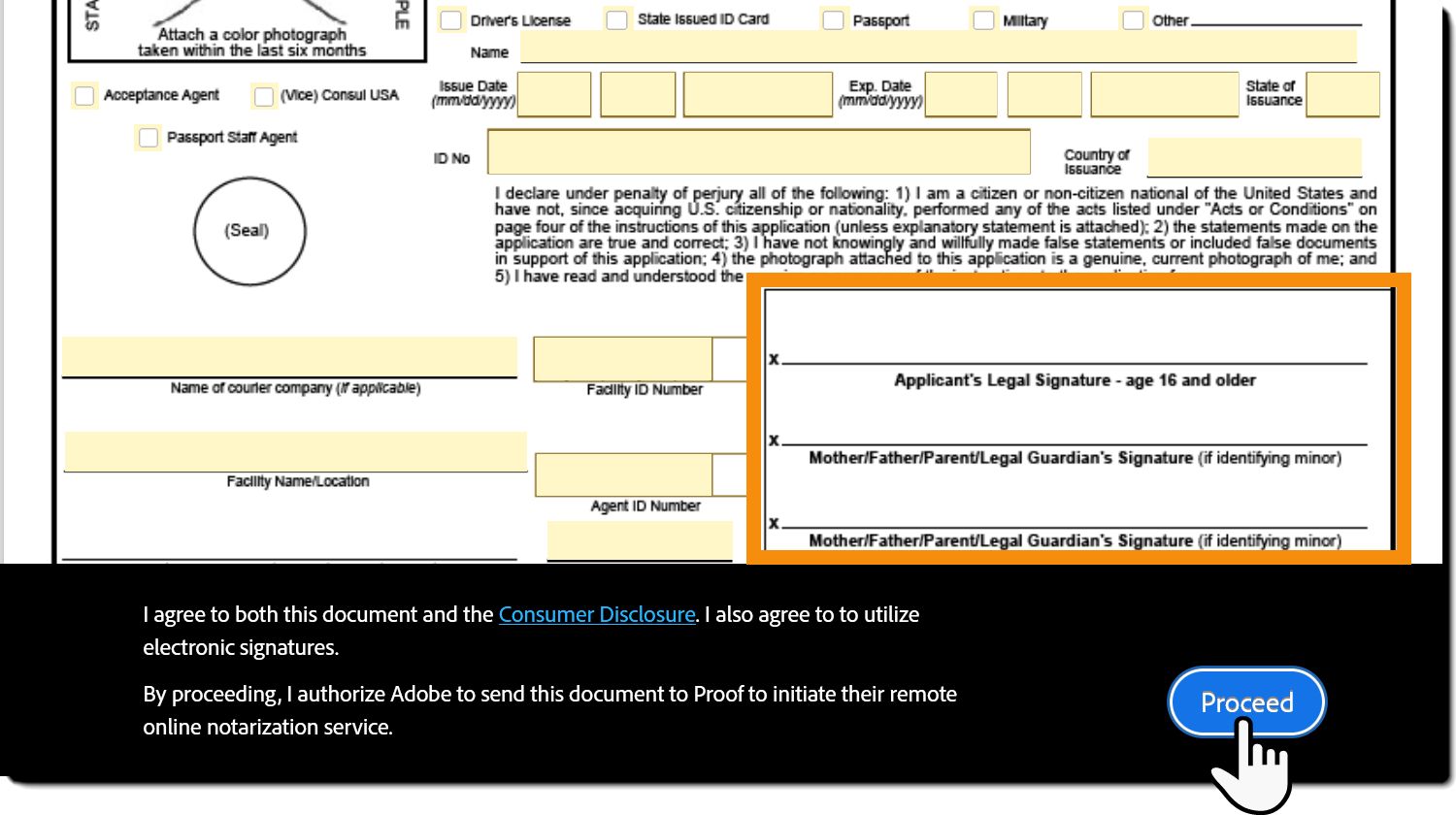 Pied de page de Notarize pour la phase de remplissage des champs