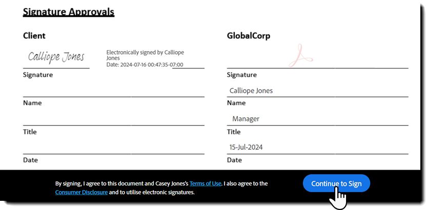 Pagina di firma elettronica con il pulsante “Continua per firmare” visualizzato.