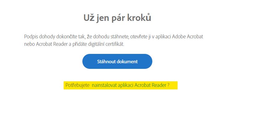 Stránka „Stáhnout dokument“ se zvýrazněným odkazem ke stažení aplikace Acrobat.