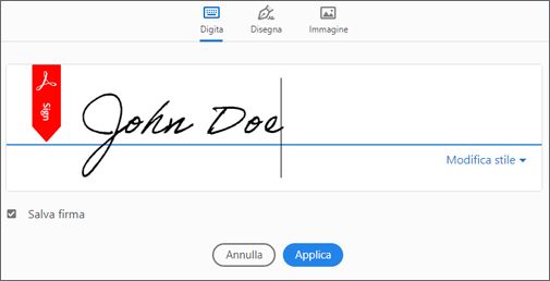 Digitare, disegnare o importare un’immagine della firma
