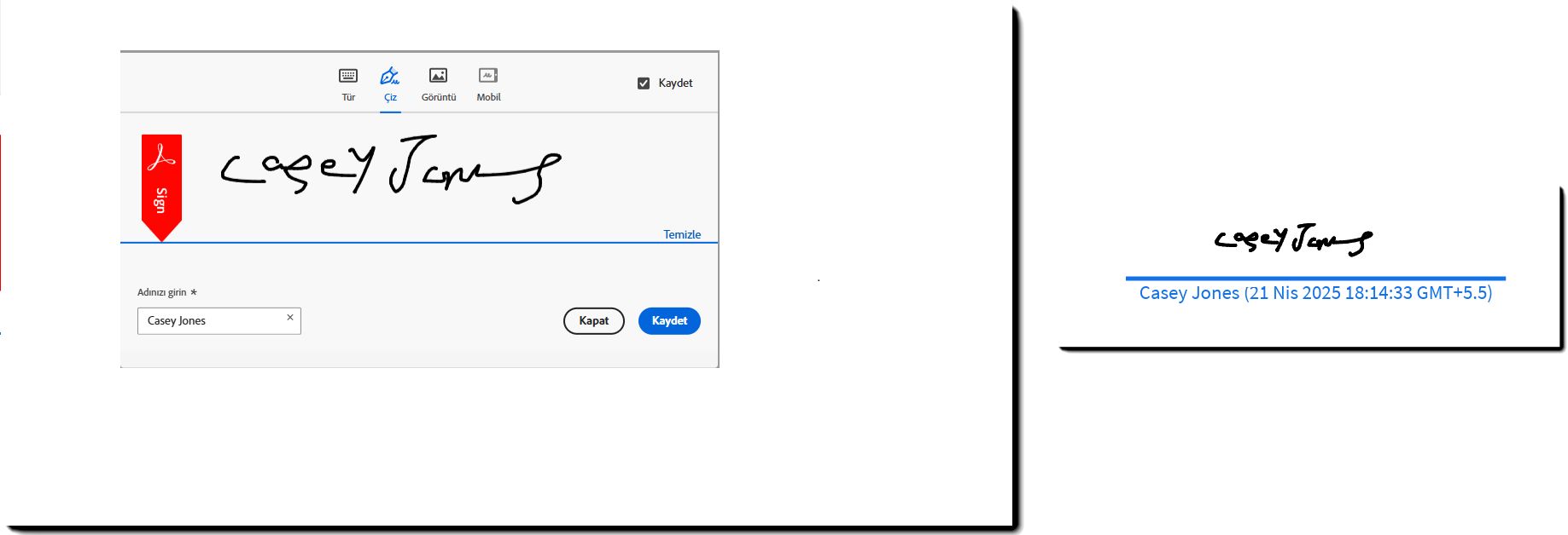 Çizilmiş ad girişi ve sözleşme PDF'sine uygulanan imzayla birlikte imza paneli örneği.
