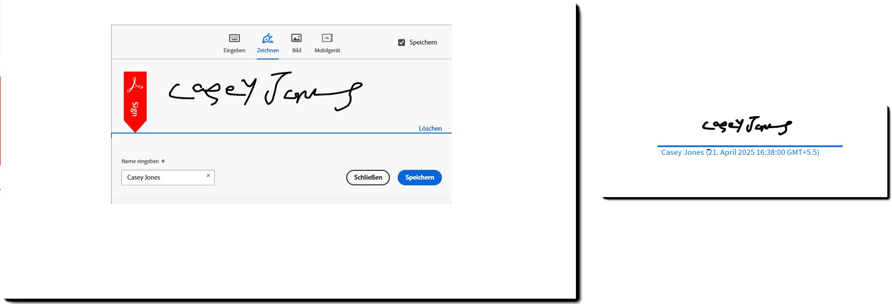 Ein Beispiel des Signaturbereichs mit der Eingabe des gezeichneten Namens und der daraus resultierenden Signatur, die auf die Vereinbarungs-PDF angewendet wird.