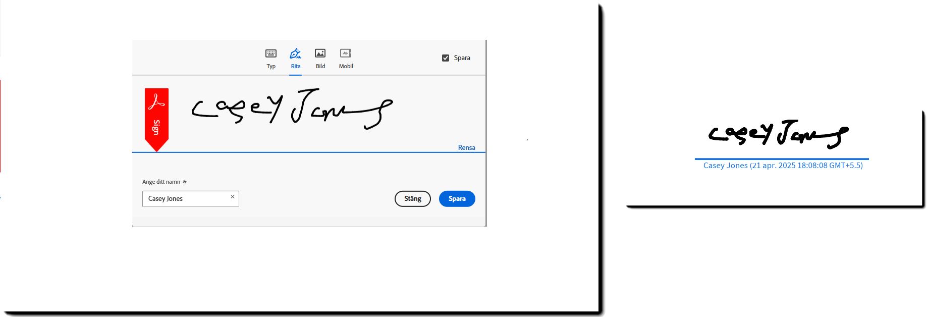 Ett exempel på signaturpanelen med ritat namn och den resulterande signaturen som har tillämpats på avtalets PDF-fil.