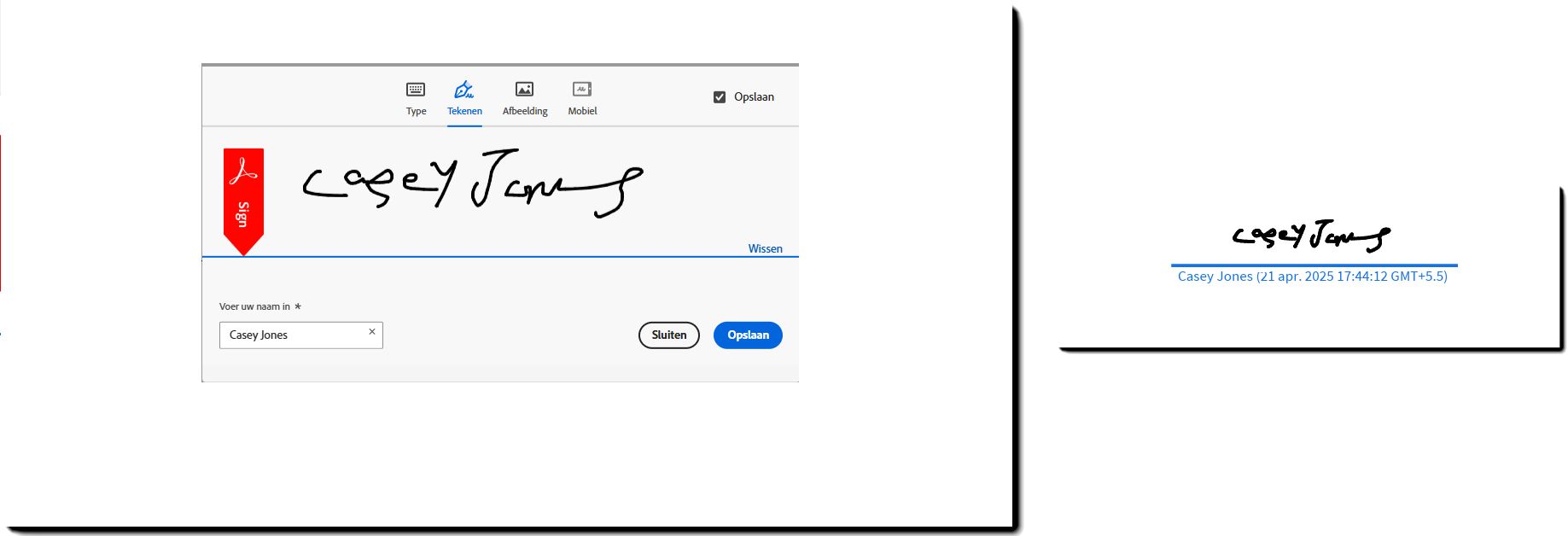 Een voorbeeld van het handtekeningdeelvenster met de getekende naaminvoer en de uiteindelijke handtekening zoals geplaatst in de PDF van de overeenkomst.