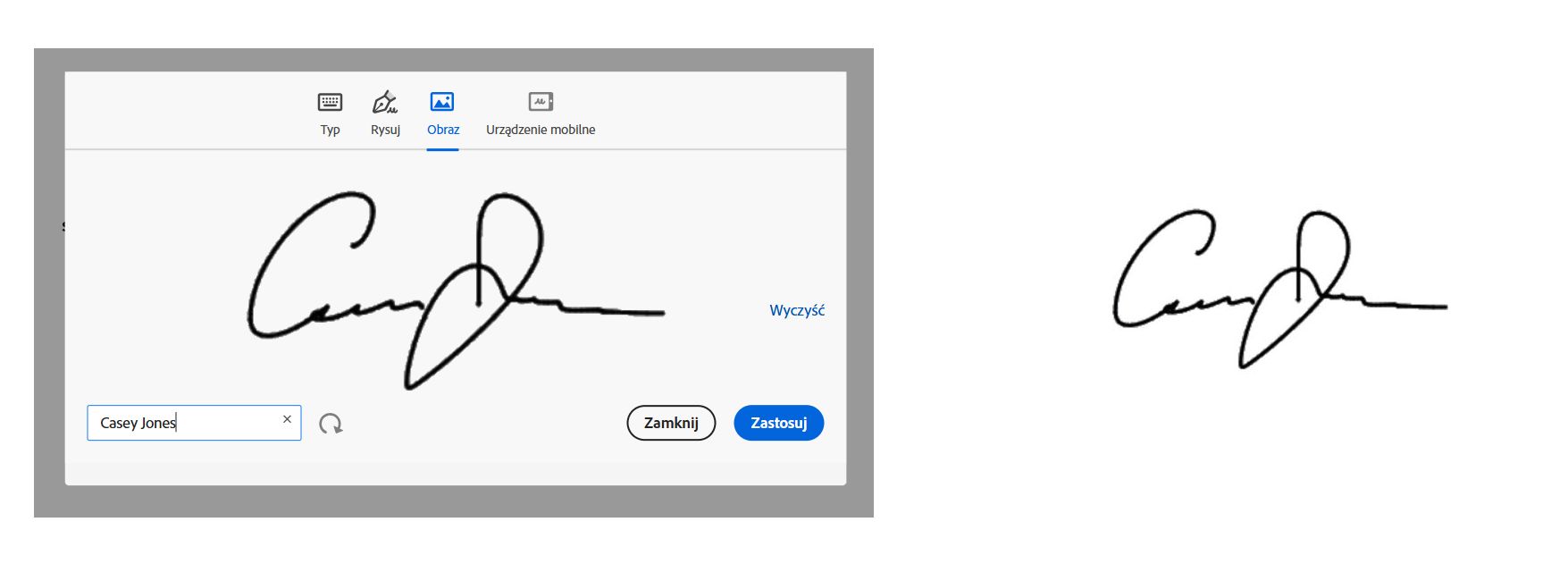 Przykład panelu podpisu z przesłanym obrazem podpisu oraz wynikowym podpisem zastosowanym do pliku PDF umowy.