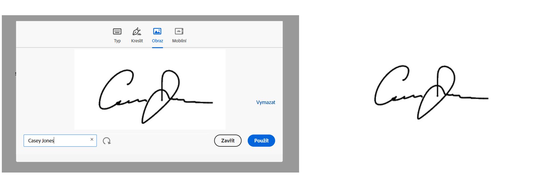 Příklad podpisového panelu s nahraným obrázkem podpisu a výsledným podpisem, jak je použit na dohodu ve formátu PDF.