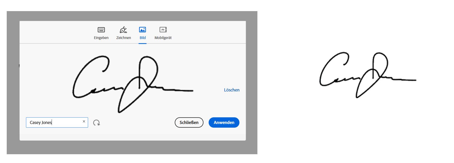 Ein Beispiel für den Signaturbereich mit dem hochgeladenen Signaturbild und der daraus resultierenden Signatur, die auf die PDF-Vereinbarung angewendet wird.