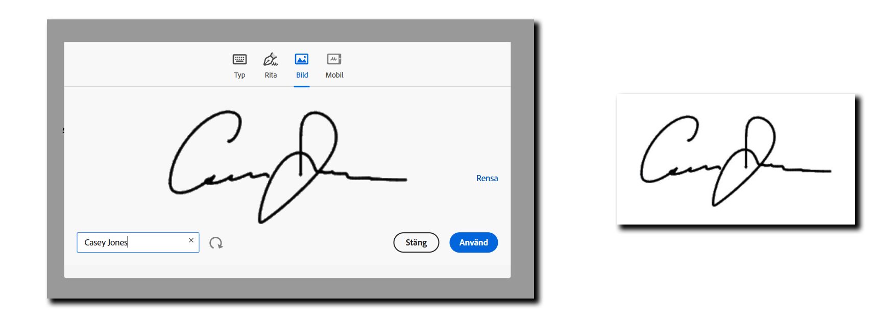 Ett exempel på signaturpanelen med den uppladdade signaturbilden och den resulterande signaturen som har tillämpats på avtalets PDF-fil.