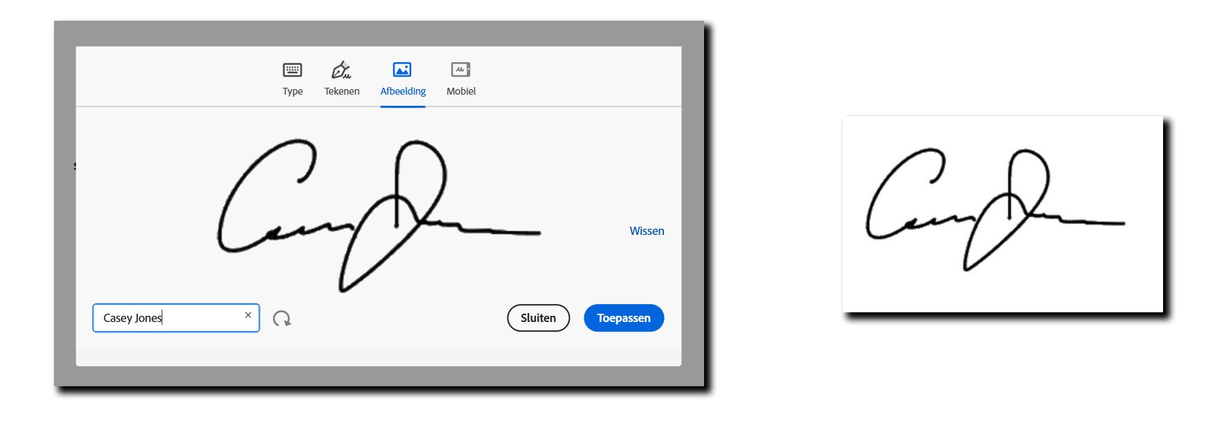 Een voorbeeld van het handtekeningdeelvenster met de geüploade handtekeningafbeelding en de uiteindelijke handtekening zoals geplaatst in de PDF van de overeenkomst.