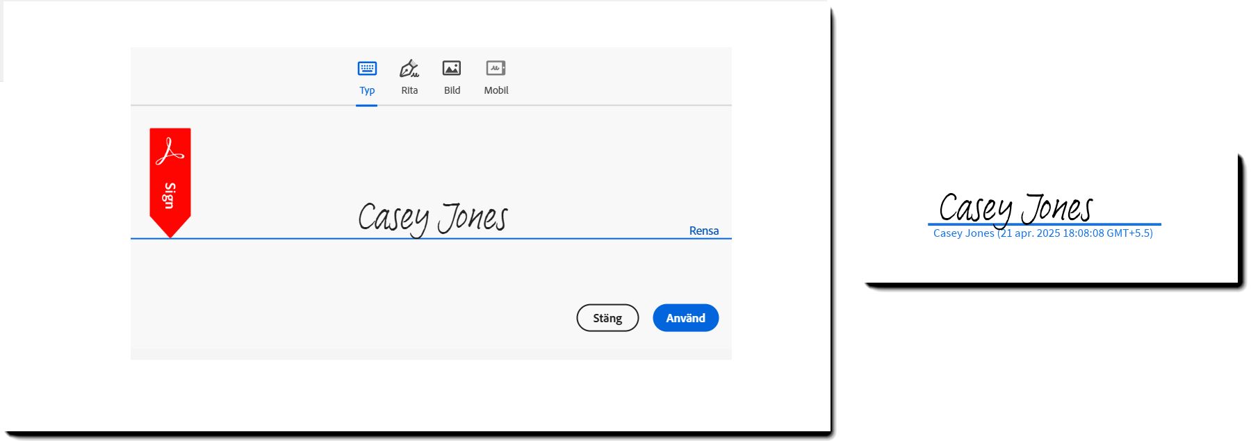 Ett exempel på signaturpanelen med ett skrivet namn och den resulterande signaturen tillämpad på avtalets PDF-fil.