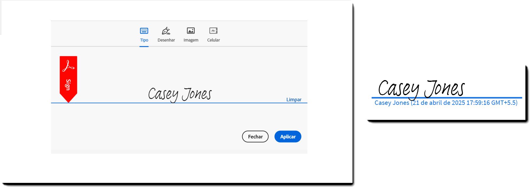 Um exemplo do painel de assinatura com o nome digitado e a assinatura resultante, conforme aplicada ao PDF do contrato.