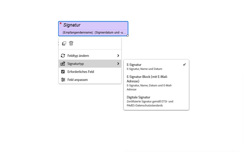Ansicht des E-Signaturfelds mit geöffnetem Linksklickfeld-Menü und dem Signaturtyp. Erweitertes Dropdown-Menü.