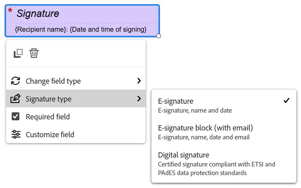 E-signaturfeltet med feltmenyen åpen, og nedtrekksmenyen for signaturtyper åpen.
