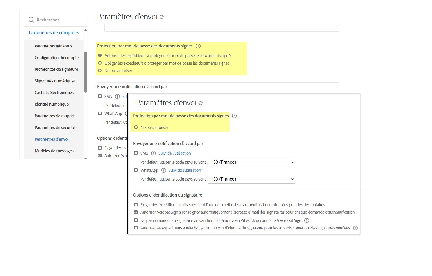 Commandes de protection par mot de passe des documents signés dans la vue d’origine et avec les options d’ajout d’un mot de passe supprimées.
