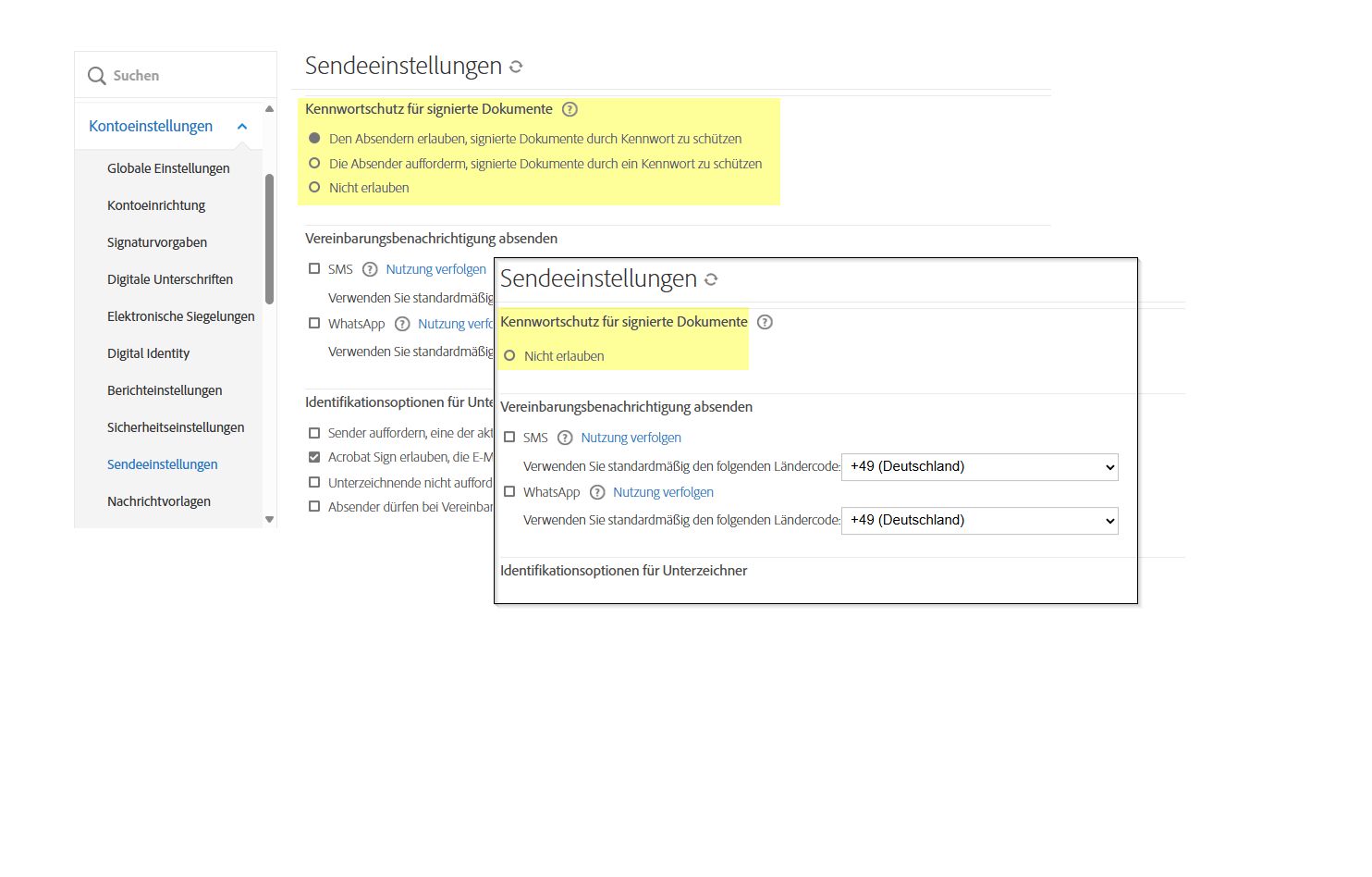 Steuerelemente für den Kennwortschutz für signierte Dokumente in der ursprünglichen Ansicht und mit unterdrückten Optionen zum Hinzufügen eines Kennworts.