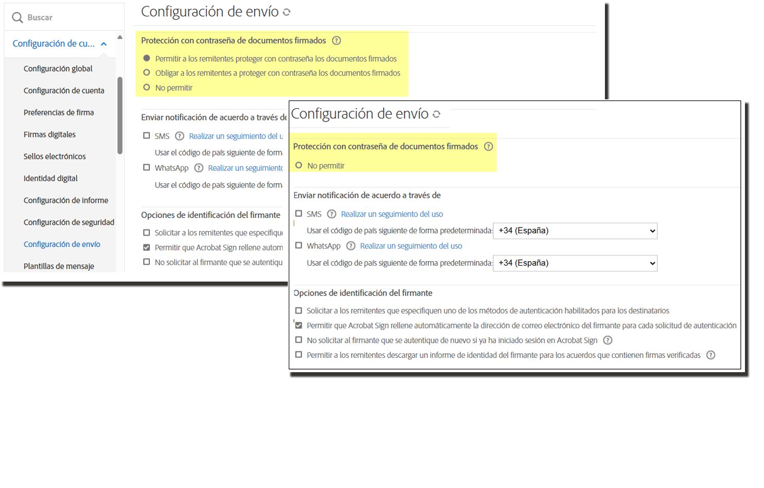 Los controles de protección con contraseña del documento firmado tanto en la vista original como con las opciones para añadir una contraseña suprimida.