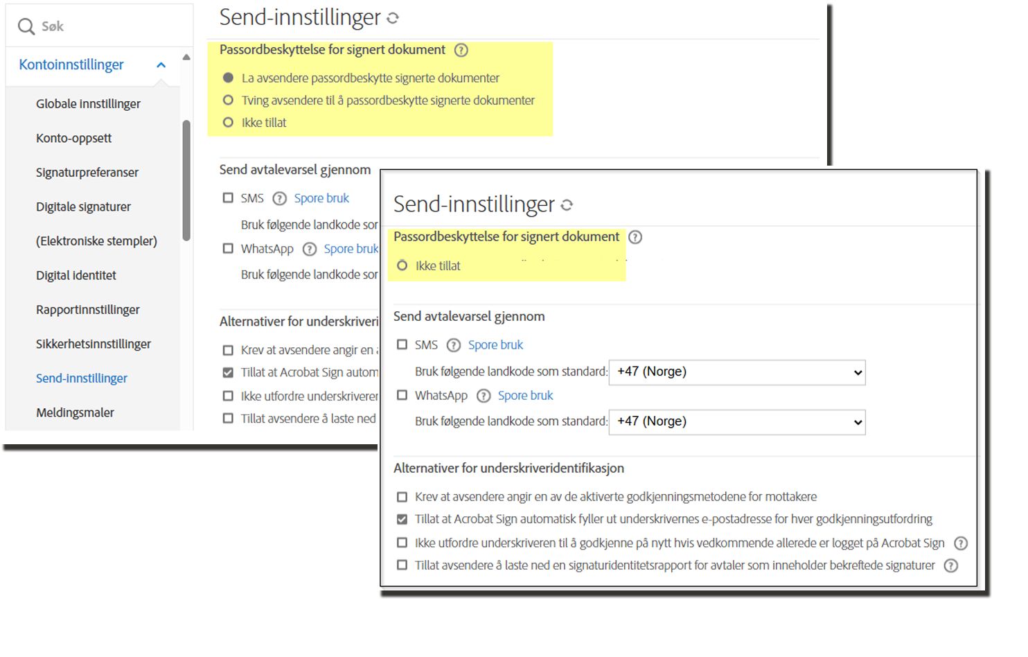 Passordbeskyttelse for signert dokument kontrollerer både den opprinnelige visningen og med alternativene for å legge til et passord undertrykt.